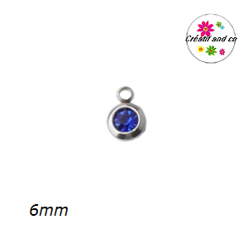 Petit pendentif acier inoxydable strass bleu roi  6mm