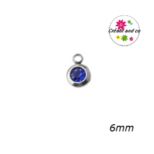 Petit pendentif acier inoxydable strass bleu roi  6mm