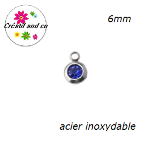 Petit pendentif acier inoxydable strass bleu roi  6mm