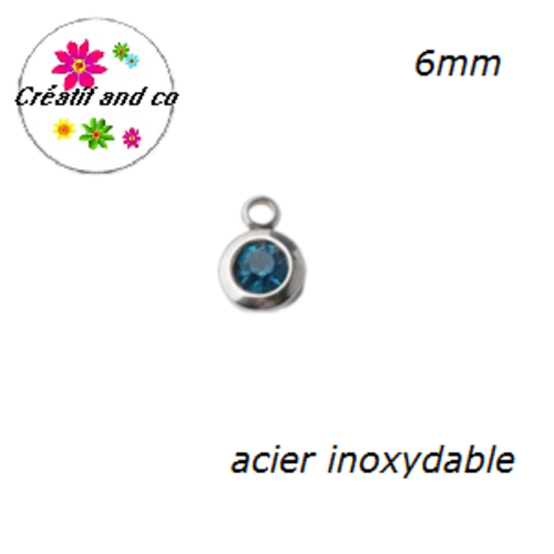 Petit pendentif acier inoxydable strass bleu canard 6mm