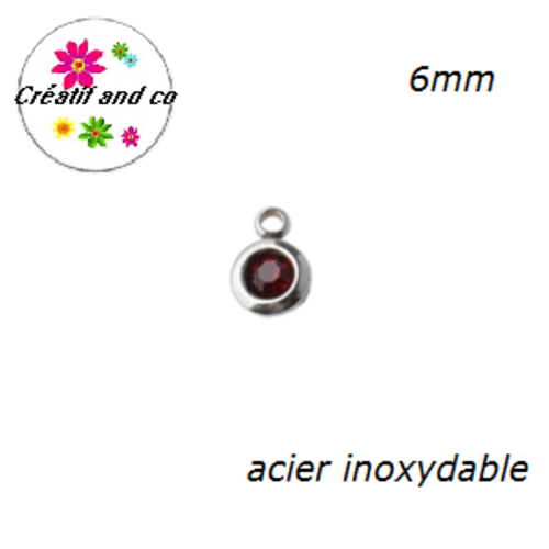 Petit pendentif acier inoxydable strass rouge foncé 6mm