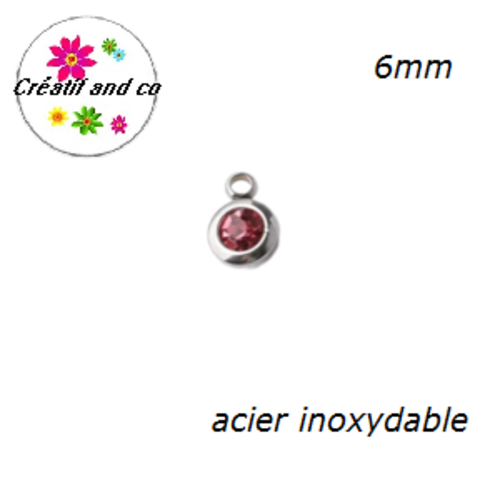 Petit pendentif acier inoxydable strass fuchsia 6mm