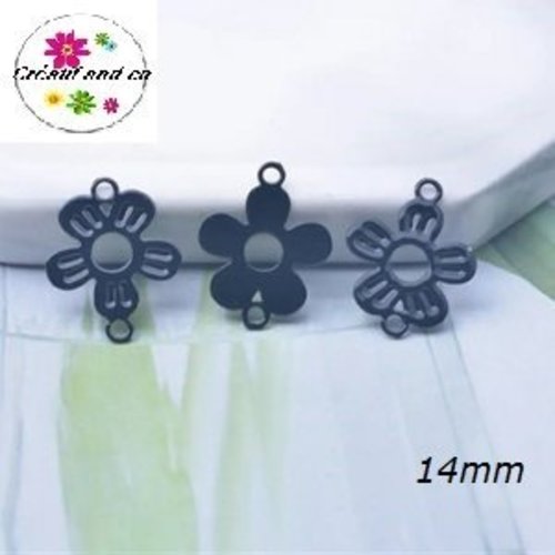 Breloque estampe fleur connecteur noire 14mm