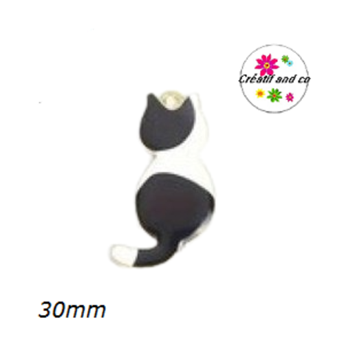 Breloque chat noir et blanc émail 30mm