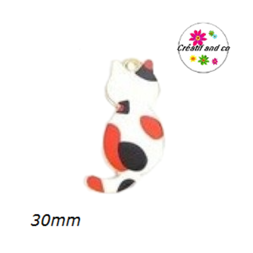 Breloque chat blanc/noir/rouge  émail 30mm