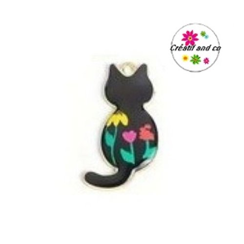 Breloque chat noir fleuri  émail 30mm