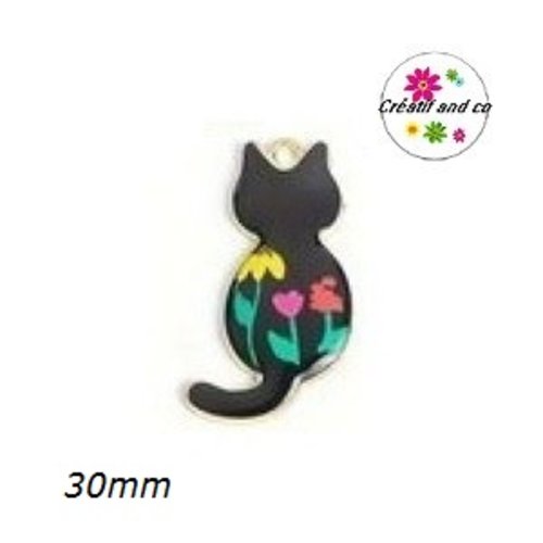 Breloque chat noir fleuri émail 30mm