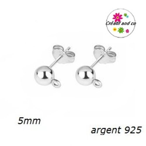 Tige clou tête boule 5mm + poussoirs argent 925