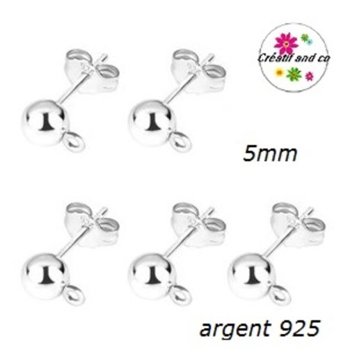 X10 tiges clou tête boule 5mm + poussoirs argent 925