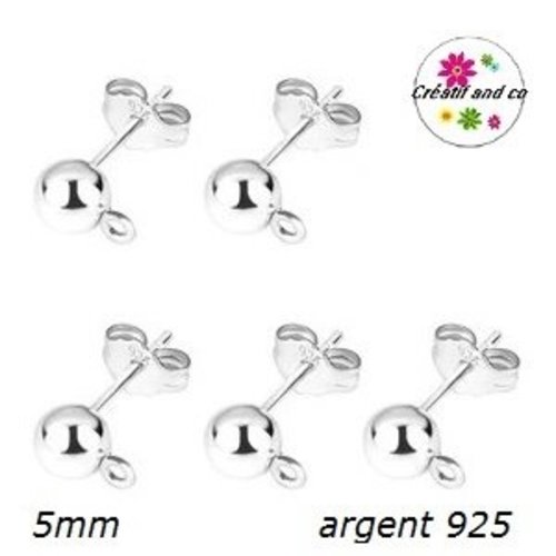 X10 tiges clou tête boule 5mm + poussoirs argent 925