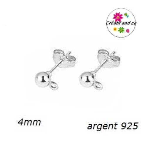 Tige clou tête boule 4mm + poussoirs argent 925