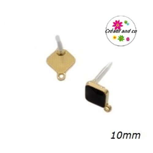 Clou oreille carrée dorée cabochon résine noir 10mm