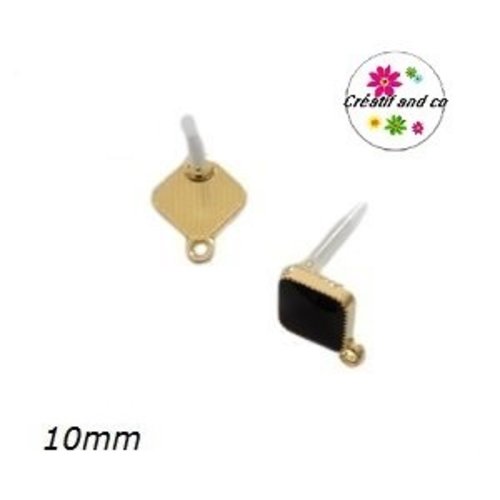 Clou oreille carrée dorée cabochon résine noir 10mm