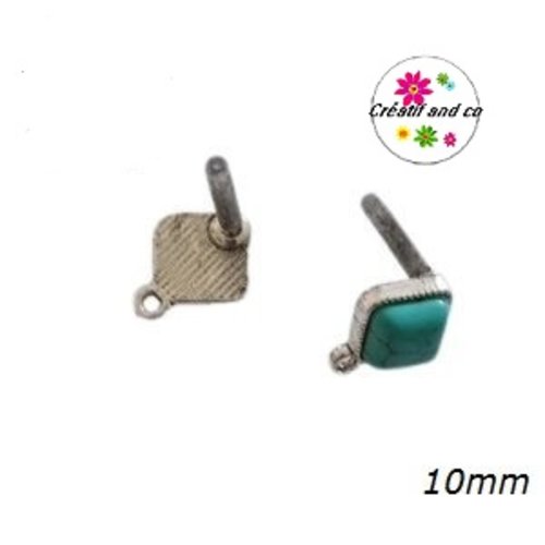 Clou oreille carrée argent vieilli cabochon turquoise 10mm
