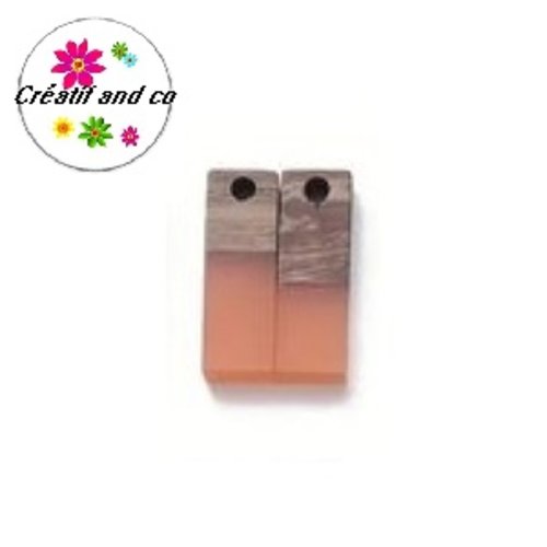 Pendentif rectangle bois et résine orange translucide 18mm