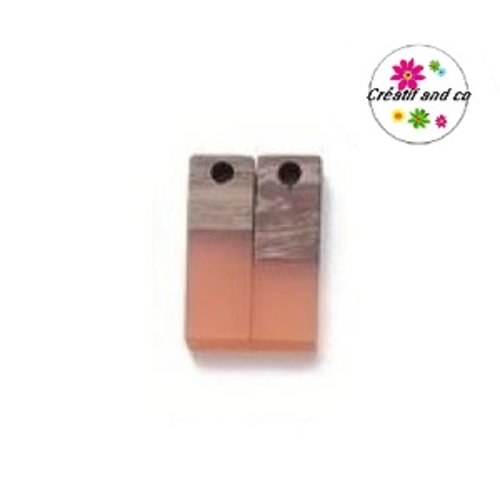 Pendentif rectangle bois et résine orange translucide 18mm