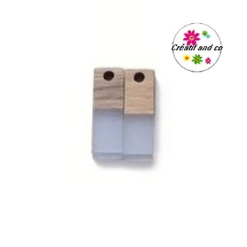 Pendentif rectangle bois et résine bleu clair translucide 18mm