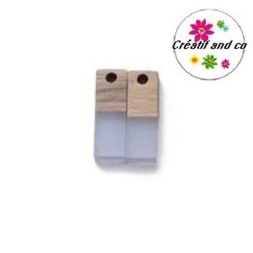 Pendentif rectangle bois et résine bleu clair translucide 18mm