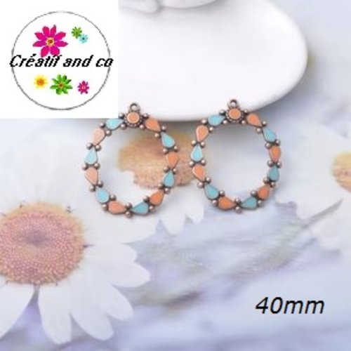 Grand pendentif géométrique émail orange/turquoise style bohème 40mm