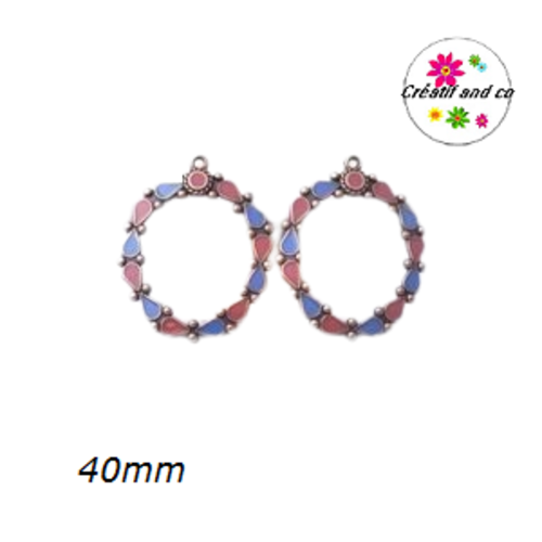 Grand pendentif géométrique émail bordeaux/bleu roi style bohème 40mm