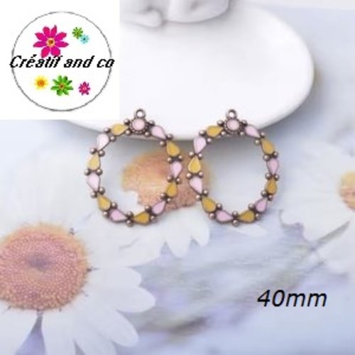 Grand pendentif géométrique émail rose/jaune style bohème 40mm