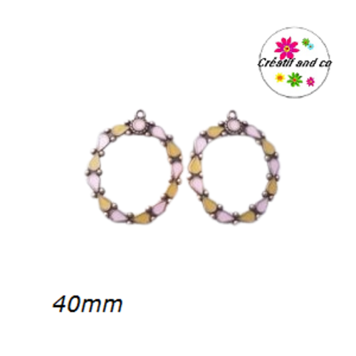 Grand pendentif géométrique émail rose/jaune style bohème 40mm