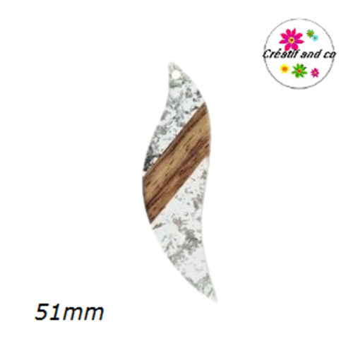 Pendentif feuille résine et bois argent et feuille d'or  51mm
