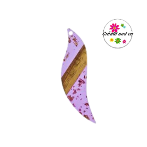 Pendentif feuille résine et bois mauve et feuille d'or  51mm