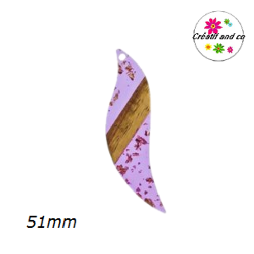 Pendentif feuille résine et bois mauve et feuille d'or  51mm