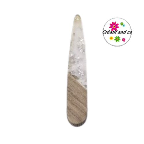 Pendentif goutte bois et résine transparent et feuille d'argent 43mm