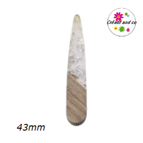 Pendentif goutte bois et résine transparent et feuille d'argent 43mm