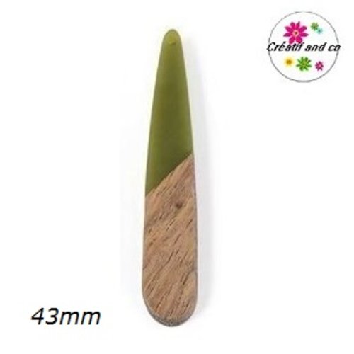 Pendentif goutte bois et résine kaki 43mm