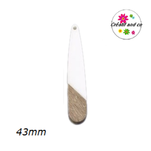 Pendentif goutte bois et résine blanc 43mm