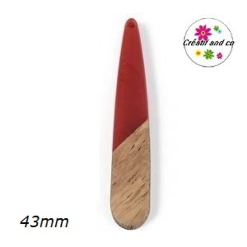 Pendentif goutte bois et résine rouge 43mm