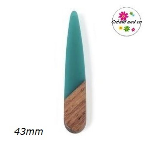 Pendentif goutte bois et résine turquoise claire 43mm