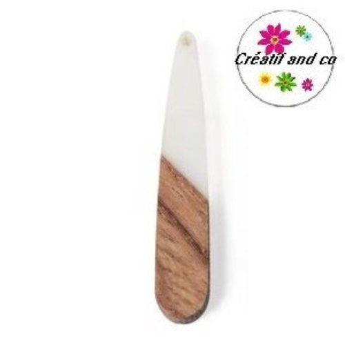 Pendentif goutte bois et résine blanc laiteux 43mm