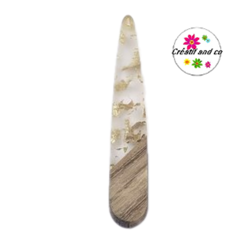 Pendentif goutte bois et résine transparent et feuille d'or 43mm
