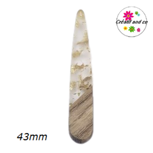 Pendentif goutte bois et résine transparent et feuille d'or 43mm