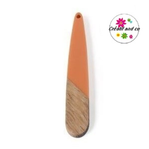 Pendentif goutte bois et résine orange 43mm