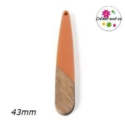 Pendentif goutte bois et résine orange 43mm