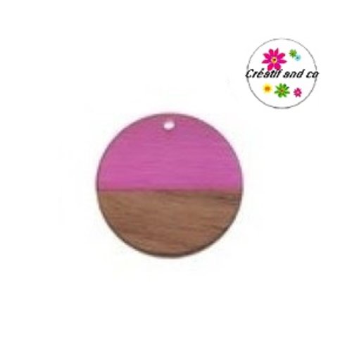 Pendentif rond bois et résine fuschia 30mm