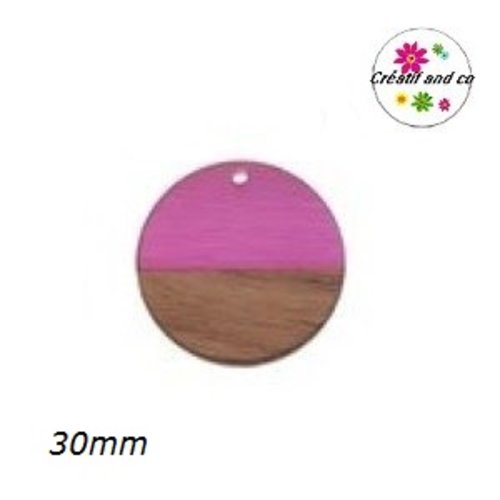 Pendentif rond bois et résine fuschia 30mm