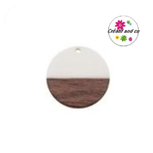 Pendentif rond bois et résine blanc 30mm