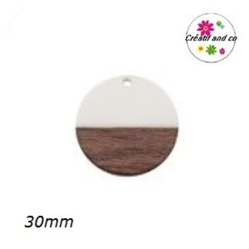 Pendentif rond bois et résine blanc 30mm