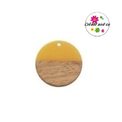 Pendentif rond bois et résine jaune 30mm