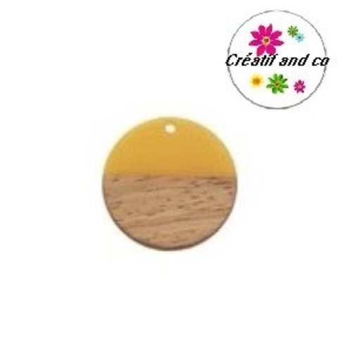 Pendentif rond bois et résine jaune 30mm