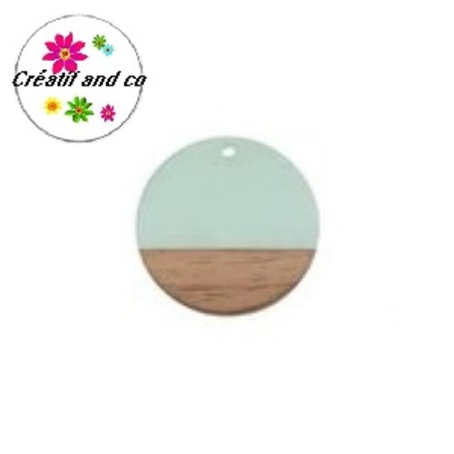 Pendentif rond bois et résine blanc laiteux 30mm