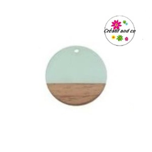 Pendentif rond bois et résine blanc laiteux 30mm