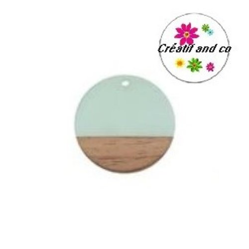 Pendentif rond bois et résine blanc laiteux 30mm