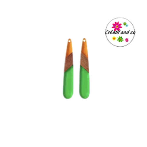 Pendentif goutte bois et résine bi couleur orange/vert  43mm